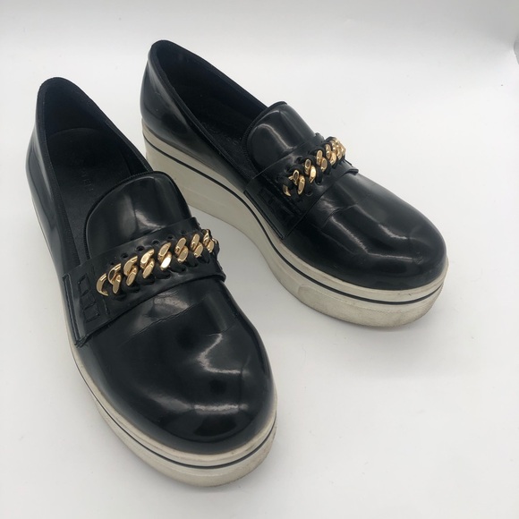 Authentic Stella McCartney Black Gloss Platform Loafers Gold Chain Accent ⛓️🖤💛 - Picture 3 of 16